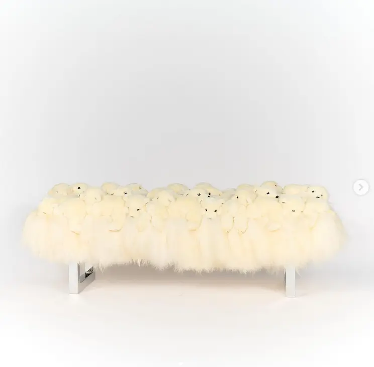 Iceberg bench (White Icelandic sheepskin, shinny mirror) Handmade in Belgium, AP design bench, 160x60x50 cm, limited edition of 50