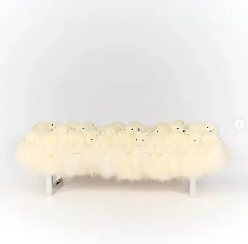 [AP-Iceberg bench] Iceberg bench (White Icelandic sheepskin, shinny mirror) Handmade in Belgium, AP design bench, 160x60x50 cm, limited edition of 50